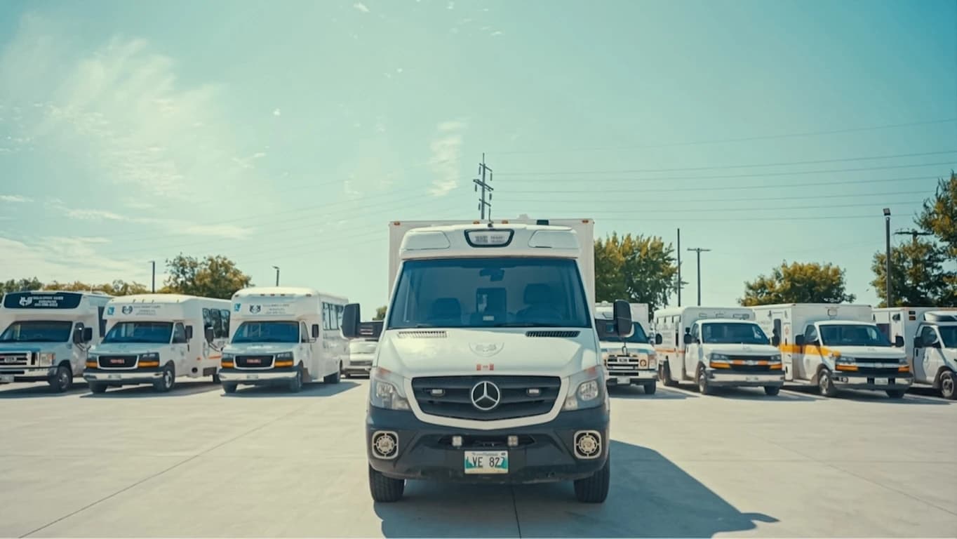 A Gullwing Care transport vehicle in front of the fleet