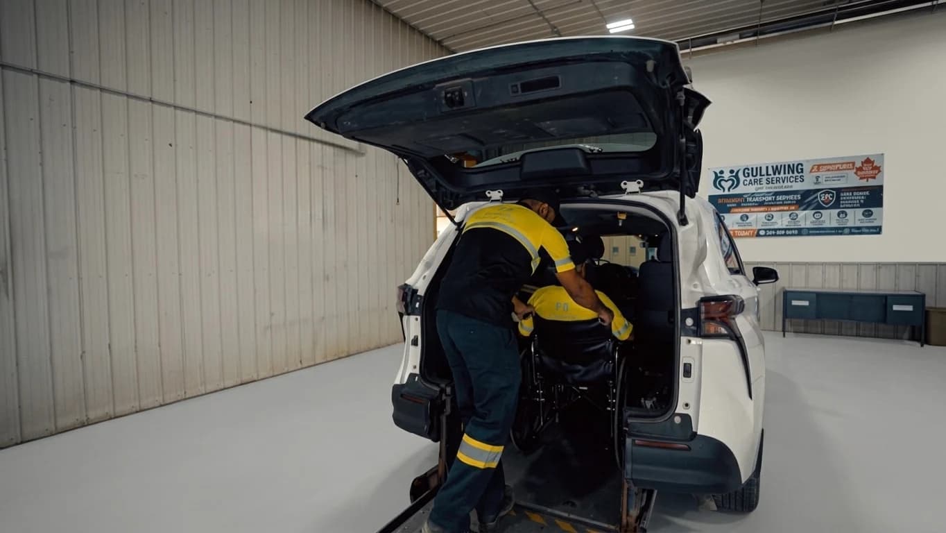 A Gullwing Care attendant assisting a wheelchair passenger at an accessible minivan
