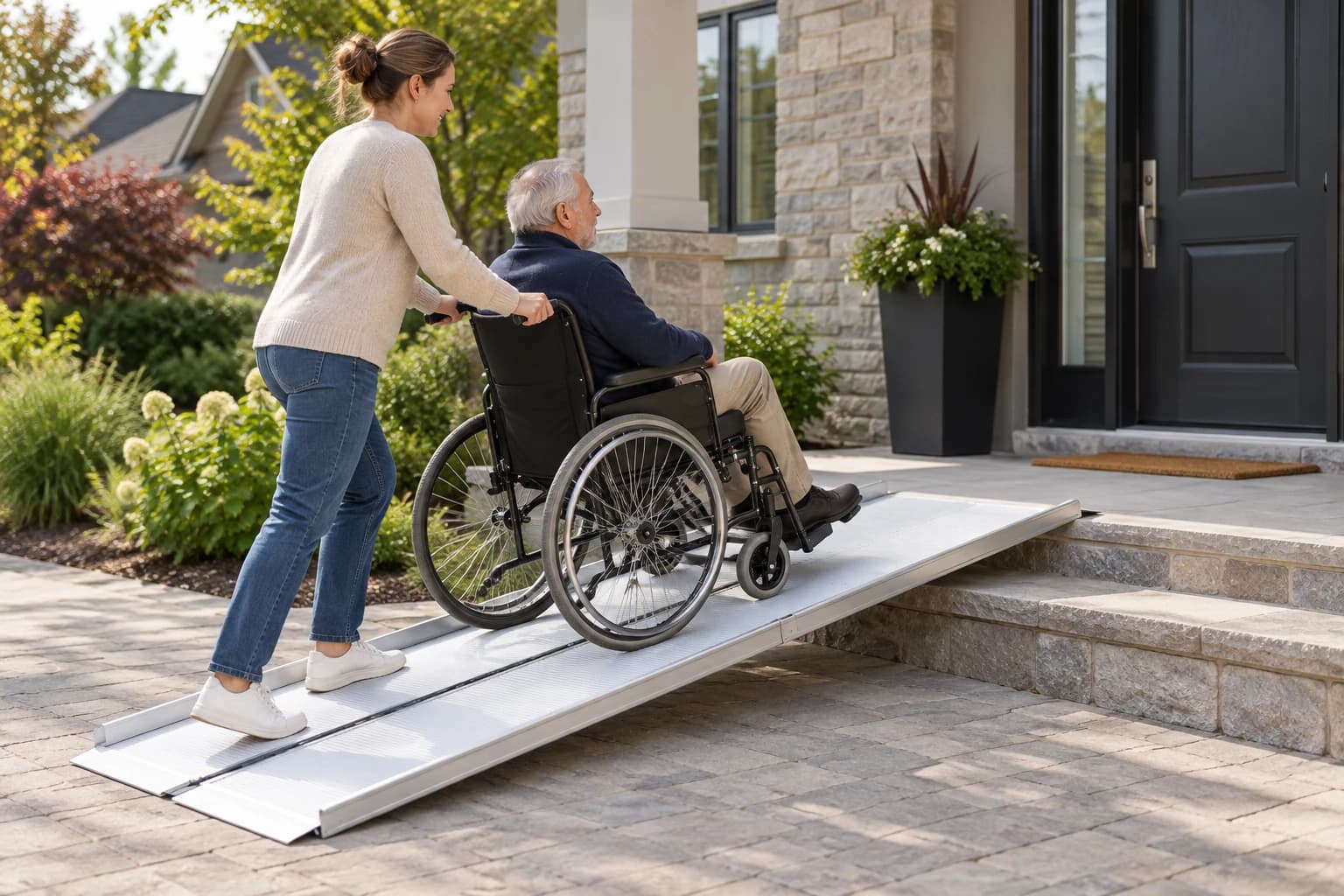 AI illustration of a caregiver assisting a wheelchair user on a ramp at a home entrance