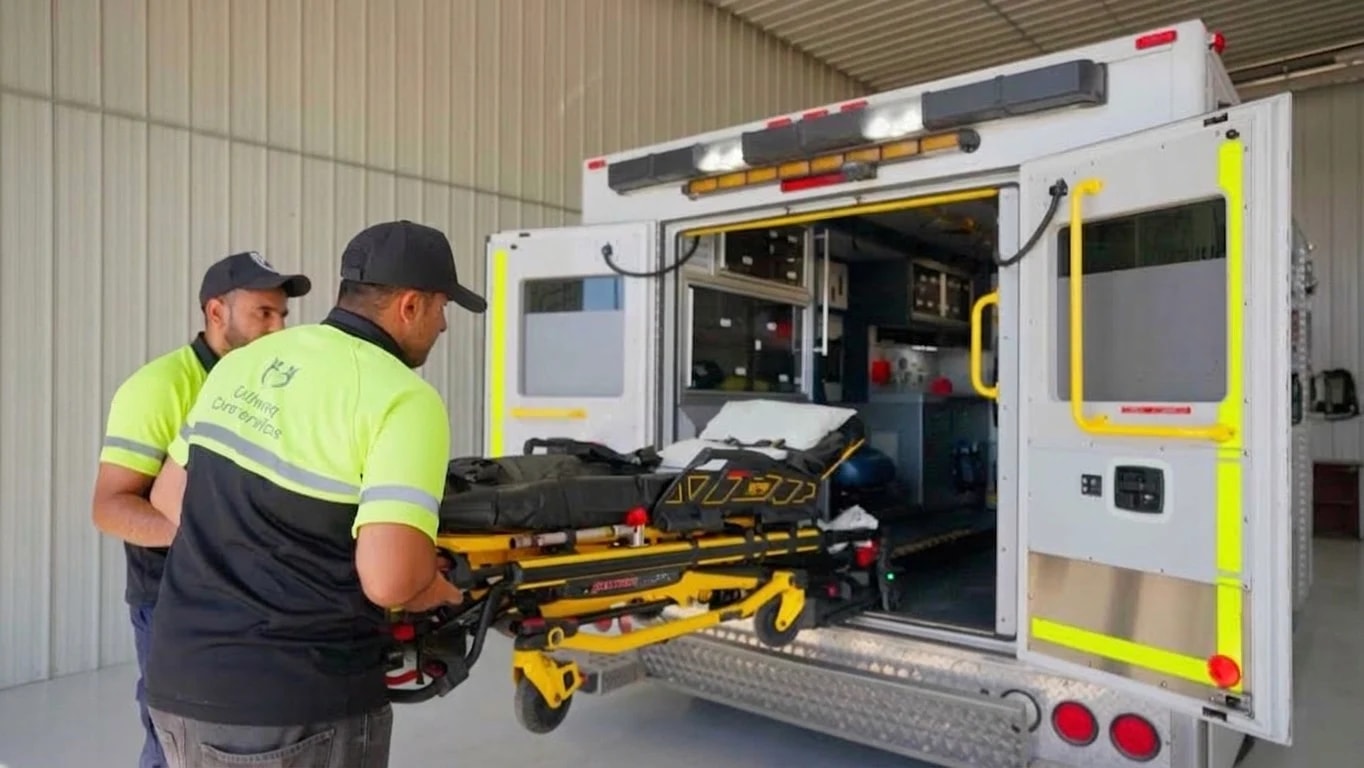 Gullwing Care attendants preparing a stretcher at the rear of a transport vehicle