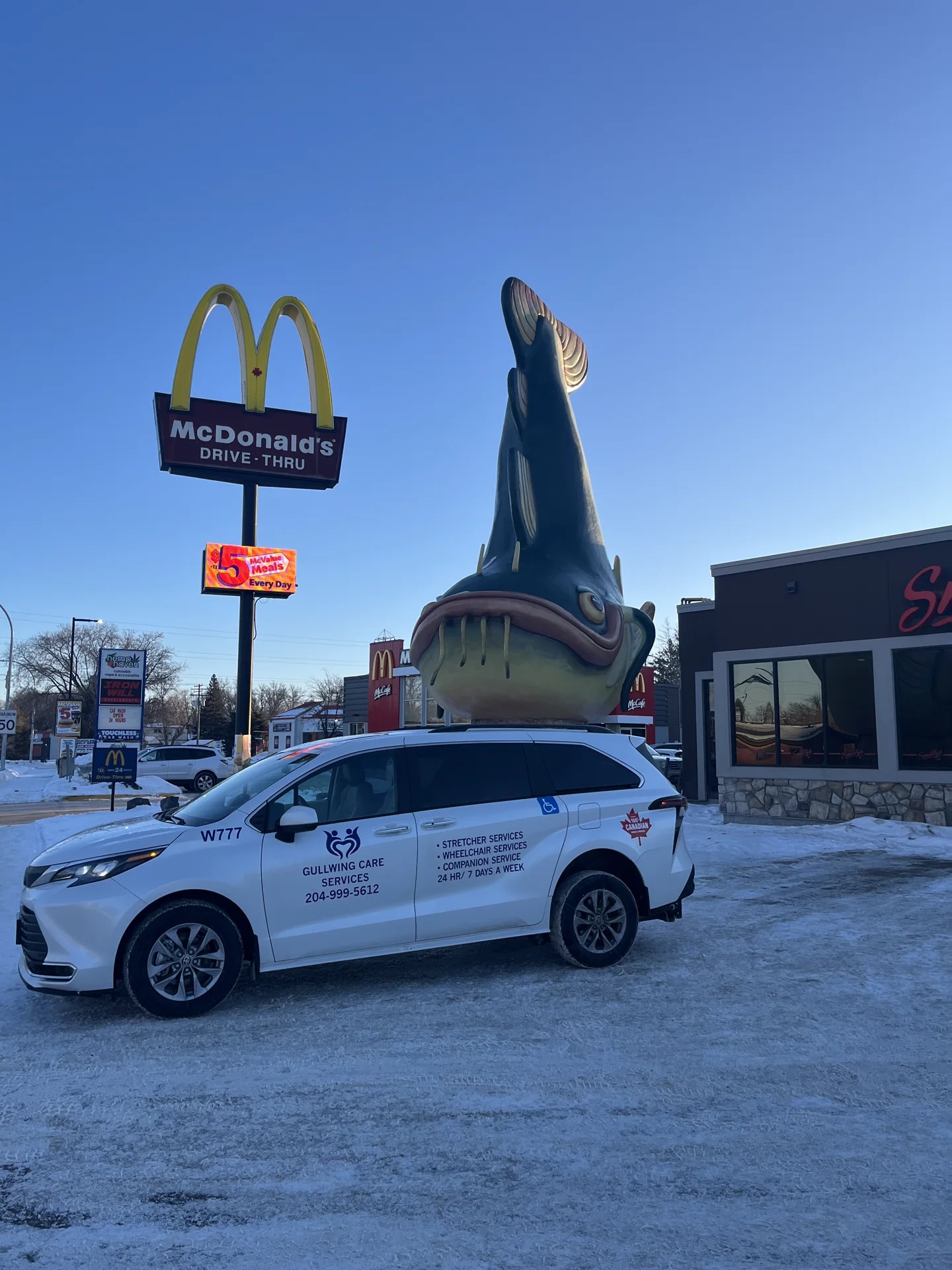 Gullwing Care minivan beside a roadside landmark in winter