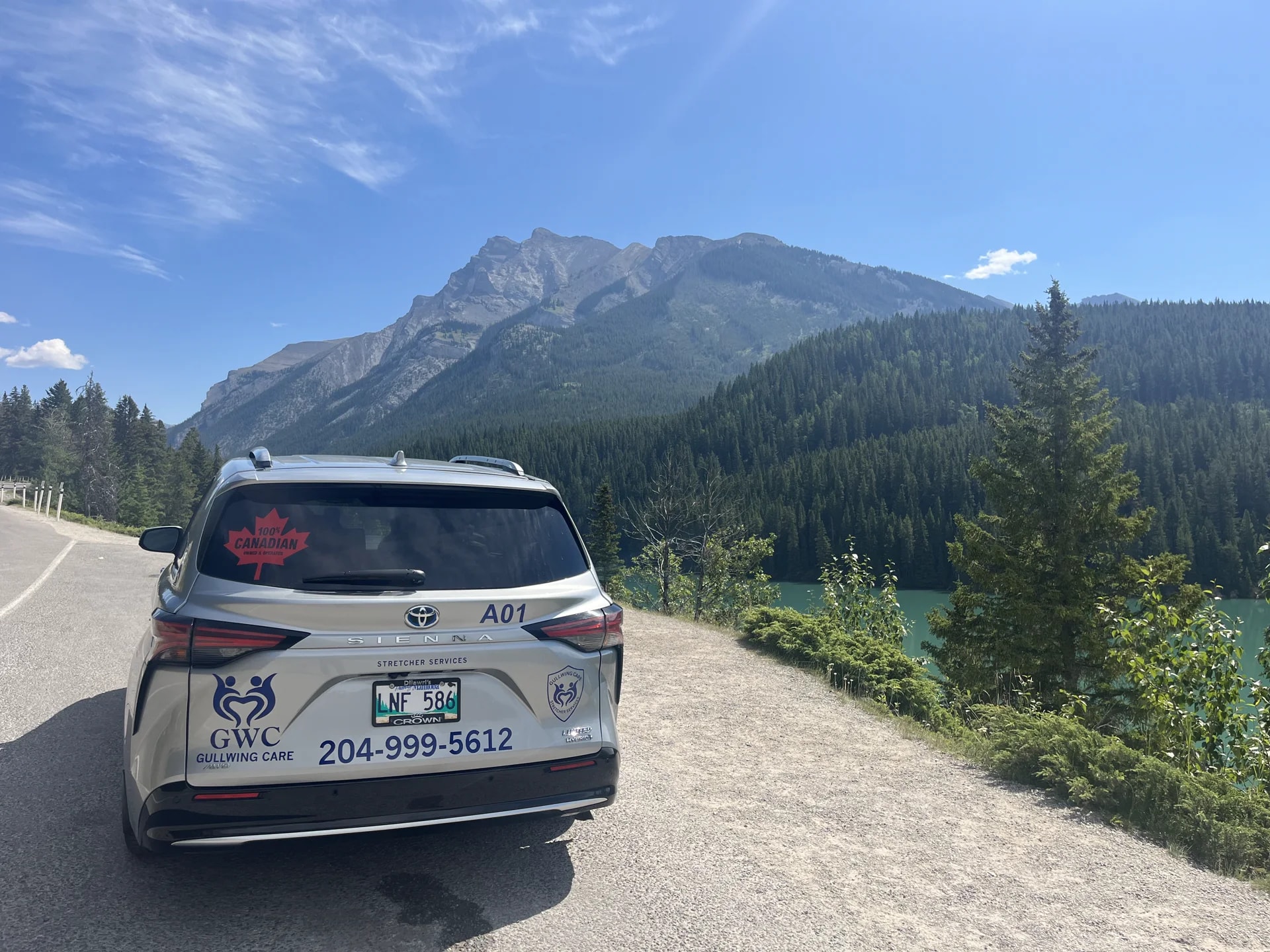 Gullwing Care minivan beside a mountain landscape